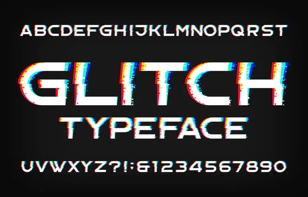 Glitch Fuente Alfabeto Distorsionar Letras Números Digitales Sobre Fondo Negro — Vector de stock