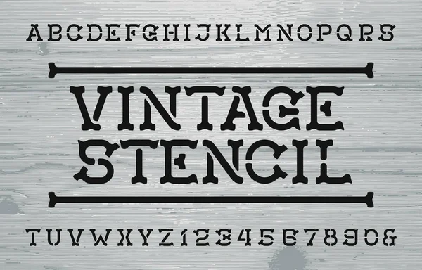 Vintage Stencil Alphabet Font Letras Números Retro Fondo Madera Dificultades — Vector de stock