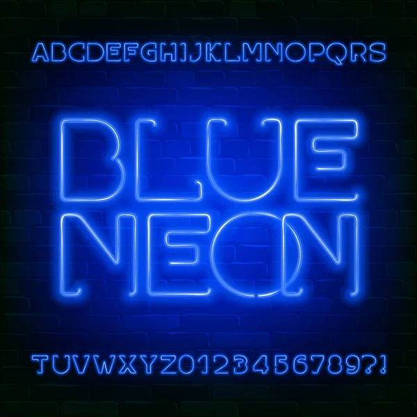 Blue Neon Alfabeto Fuente Bombilla Futurista Letras Números Fondo Pared — Vector de stock