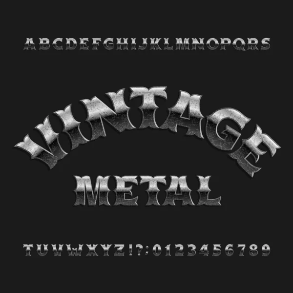 Vintage Metal Fonte Alfabeto Cartas Riscadas Chanfradas Tipo Vetor Estoque —  Vetores de Stock