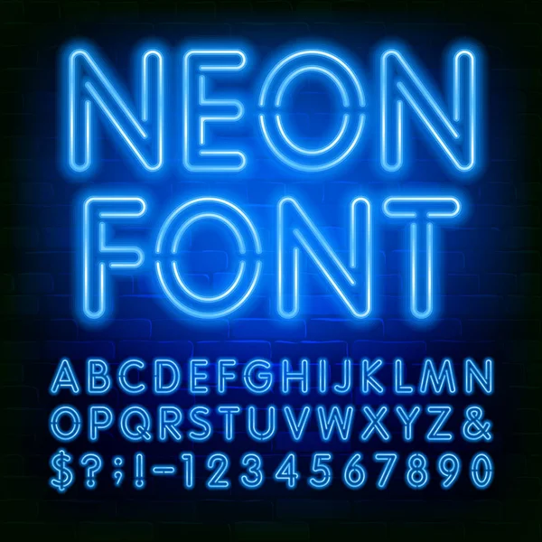 Neon Alfabetet Font Blå Neon Glödlampa Bokstäver Och Siffror Tegelvägg — Stock vektor