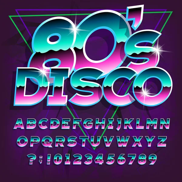 80S Disco Alfabetet Font Bokstäver Och Siffror Mörk Abstrakt Bakgrund — Stock vektor