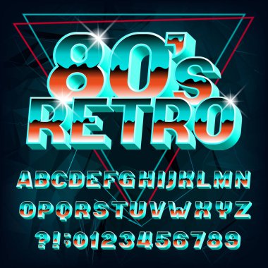 80s Retro alfabe yazı tipi. Soyut arka plan üzerinde 3d etkisi harfler ve sayılar. Retro 80s stilinde tipografiniz için stok vektör yazı tipi.
