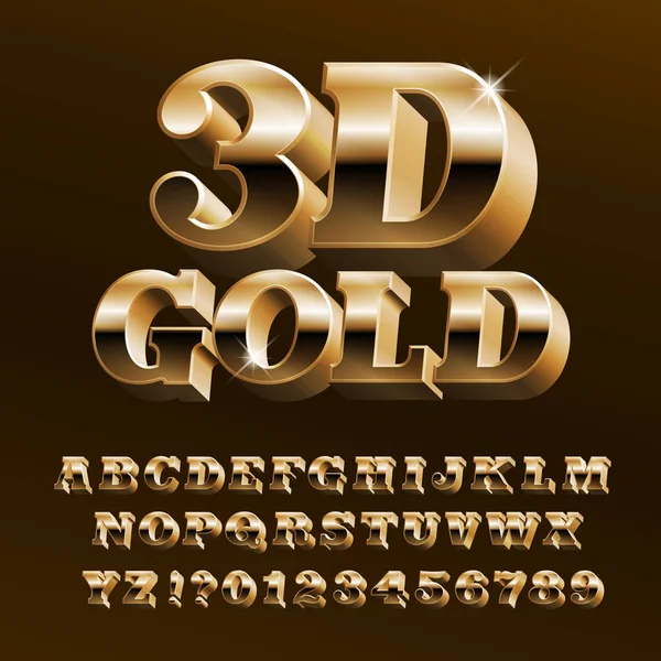 Gold Alphabet Fuente Letras Doradas Brillantes Números Con Bisel Tipo — Vector de stock