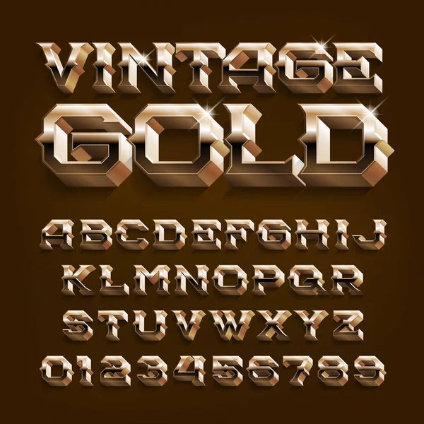 Vintage Gold Alphabet Font Retro Golden Letters Numbers Shadow Stock — Stock Vector