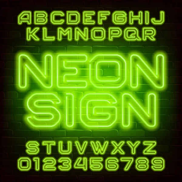 Czcionka Alfabetu Neon Sign Zielone Neonowe Litery Cyfry Tle Muru — Wektor stockowy