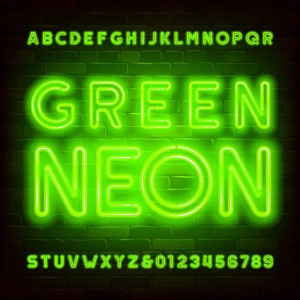 Zöld Neon Abc Betűkészlet Okos Neon Betűk Számok Tégla Fal — Stock Vector