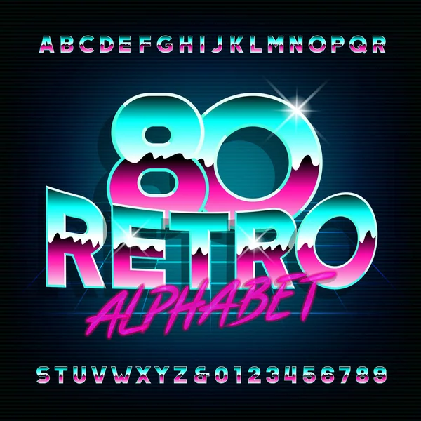 80S Retro Alphabet Font Shiny Letters Numbers Dark Background Stock — Stock Vector