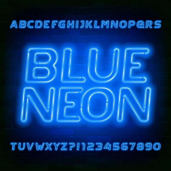 Fonte Alphabet Néon Bleu Lettres Chiffres Néon Lumineux Sur Fond — Image vectorielle