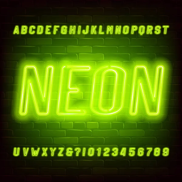 Neon Alfabetet Font Ljusa Neon Sneda Bokstäver Och Siffror Tegelvägg — Stock vektor