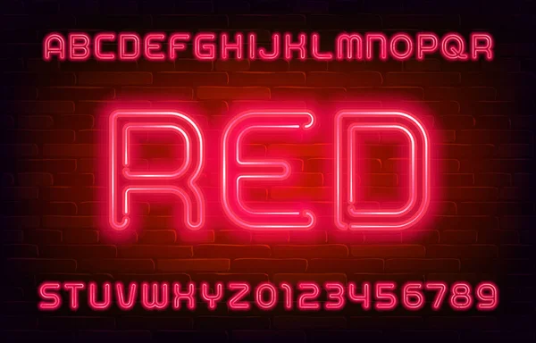 Red Neon Alphabet Font Bright Neon Letters Numbers Brick Wall — Stock Vector