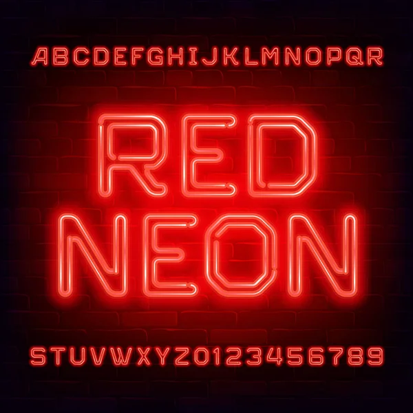 Piros Neon Abc Betűkészlet Fényes Fény Buborék Betűk Számok Téglafal — Stock Vector