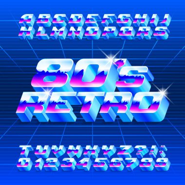80s Retro alfabe yazı tipi. 3d harfler, sayılar ve semboller. Retro 80 stilinde tipografi için stok vektör yazıtipi.