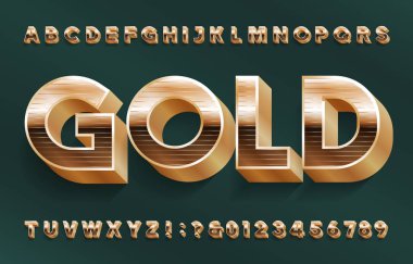 Altın alfabe yazı tipi. 3d Lüks altın harfler, sayılar ve gölge ile semboller. Tasarımınız için stok vektör typescript.