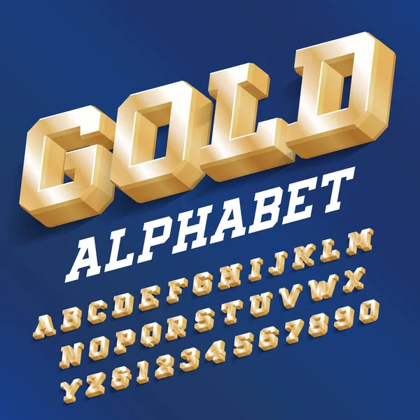 Font Alfabeto Oro Golden Lettere Serif Numeri Con Ombra Tipo — Vettoriale Stock