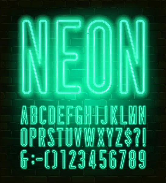 Neon Alphabet Font Condensed Neon Light Letters Numbers Brick Wall — Stock Vector