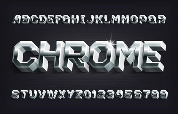 Czcionka Alfabetu Chrome Metaliczne Litery Cyfry Cieniem Stock Wektor Pismem — Wektor stockowy