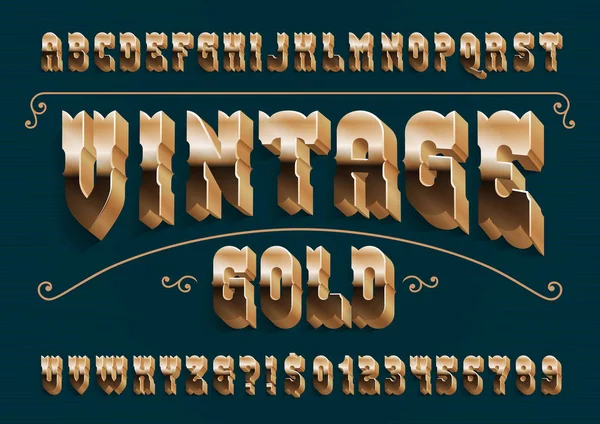 Vintage Gold Alfabeto Fuente Letras Doradas Retro Números Símbolos Con — Vector de stock