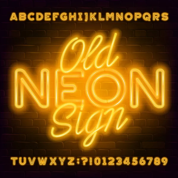 Stara Czcionka Alfabetu Neon Sign Żółte Litery Cyfry Neon Tle — Wektor stockowy