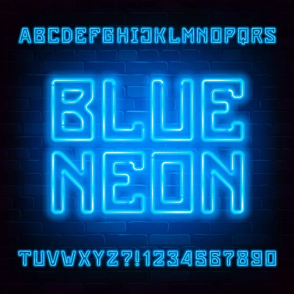 Caratteri Alfabetici Blue Neon Luce Neon Lettere Geometriche Numeri Sfondo — Vettoriale Stock