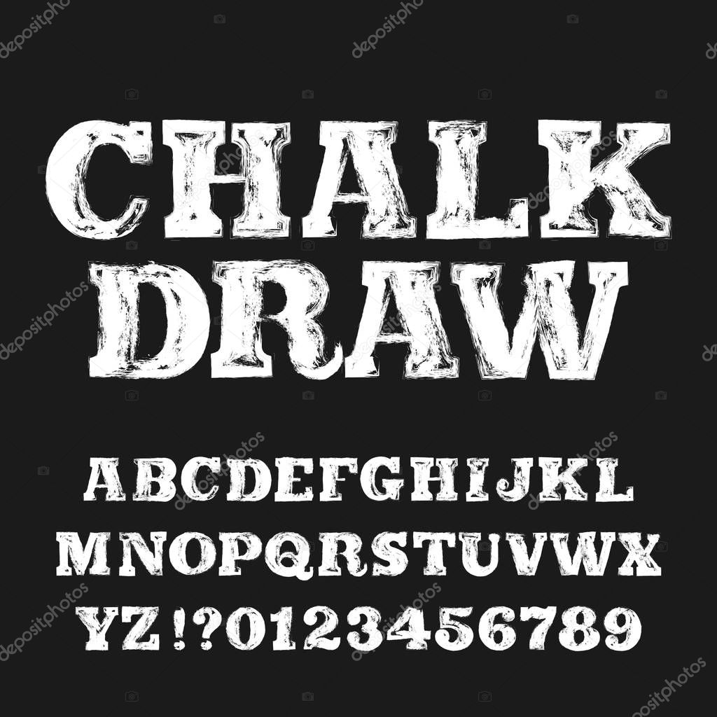 Chalk Draw alphabet font. Handwritten messy letters and numbers. Stock vector typescript.