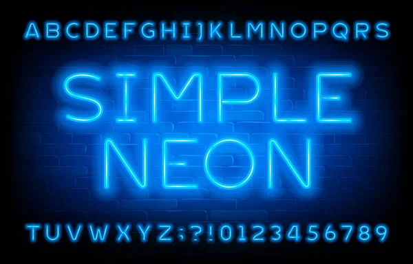 Fonte Alfabeto Néon Simples Letras Luz Néon Azul Números Fundo —  Vetores de Stock