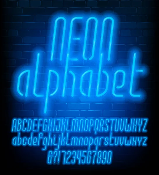 Fuente Neon Alphabet Letras Estrechas Mayúsculas Minúsculas Letras Números Azules — Archivo Imágenes Vectoriales