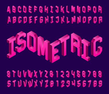 İzometrik alfabe yazı tipi. 3d basit geometrik harf ve sayıları etkiler. Tasarımınız için stok vektör tipi.
