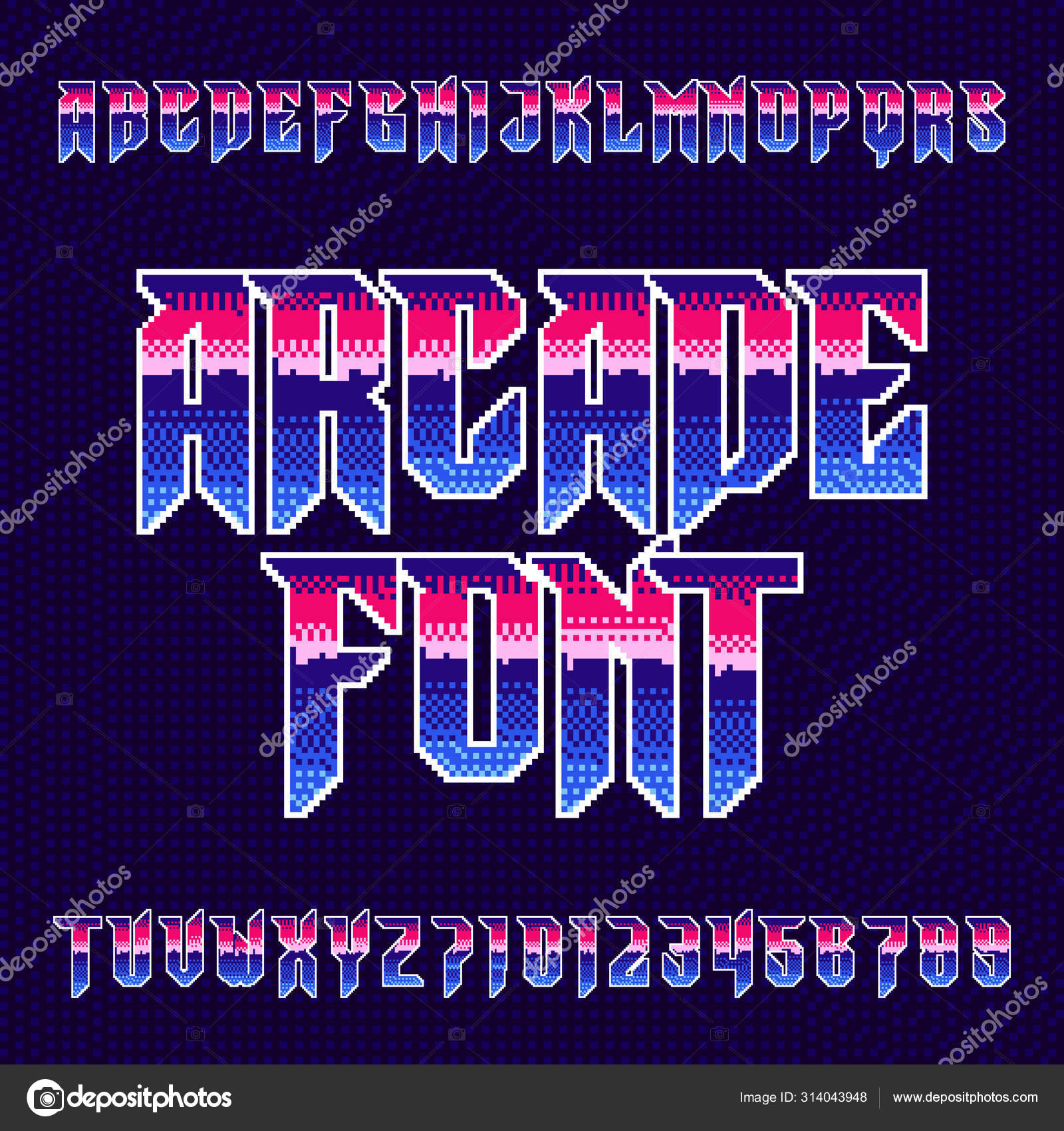 Retro style arcade games font. 80s video game alphabet letters and numbers  royalty free illustration