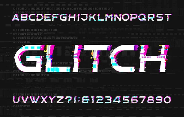 Glitch Alphabet Font Digital Distort Letters Numbers Glitched Background Vector — Stock Vector