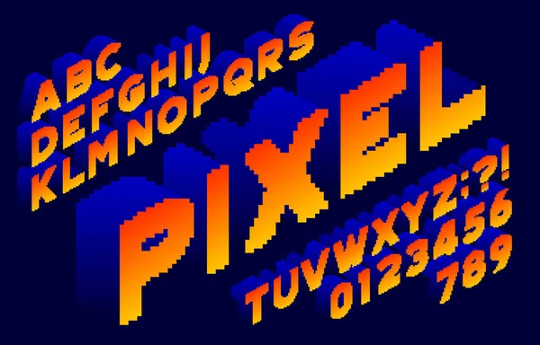 Pixel Alfabet Lettertype Isometrische Letters Cijfers 80S Arcade Video Game — Stockvector