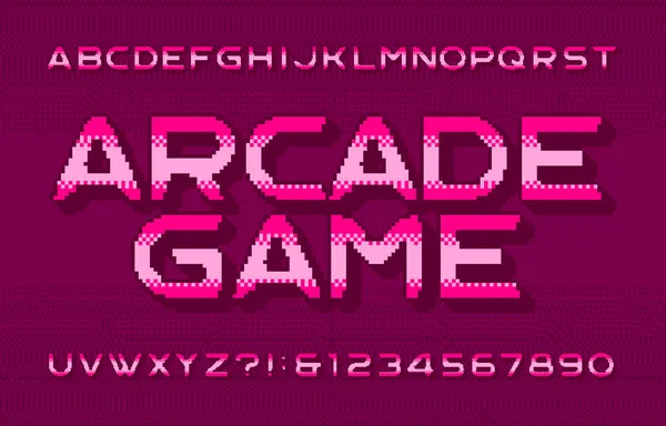 Arcade Game Alfabet Lettertype Pixel Letters Cijfers Symbolen Pixelachtergrond 80S — Stockvector