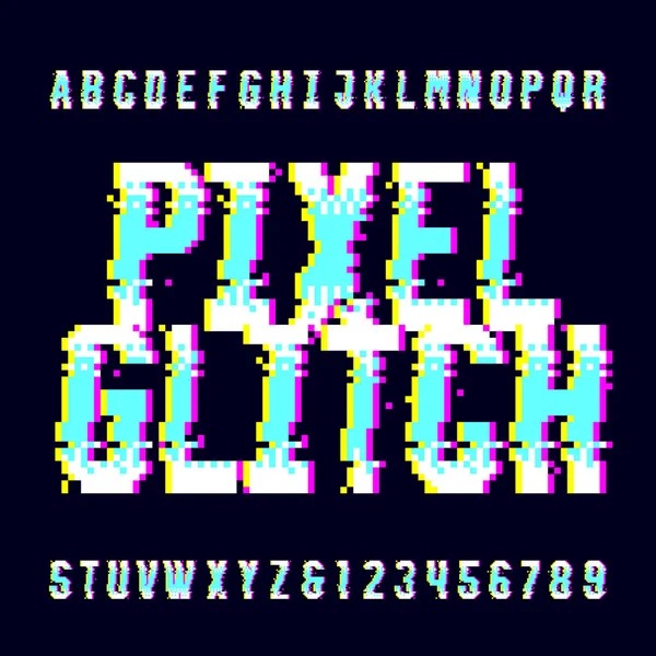 Pixel Glitch Fonte Alfabeto Digital Distorcer Letras Números Datilografia Jogos — Vetor de Stock