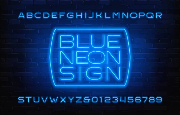 Blaue Schrift Für Neon Sign Leuchtende Neonfarbene Buchstaben Und Zahlen — Stockvektor