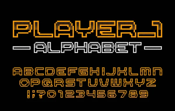 Speler Alfabet Lettertype Digitale Pixelletters Cijfers Symbolen 80S Computer Video — Stockvector