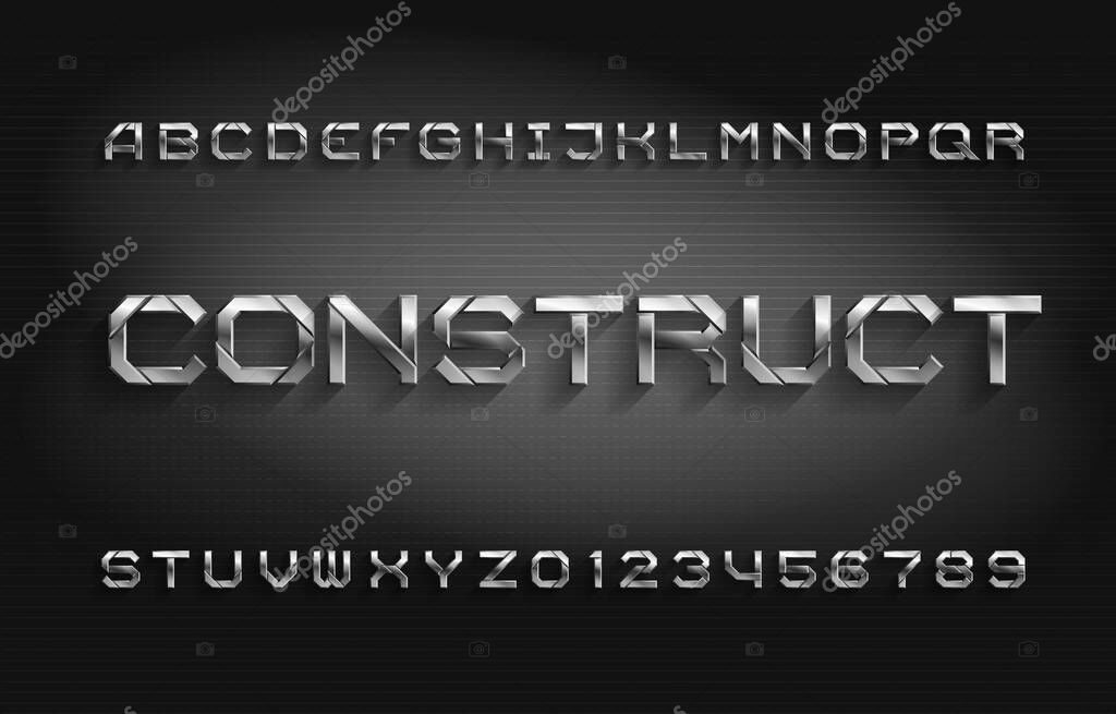 Construct alphabet font. Metal effect letters and numbers with shadow. Abstract background. Stock vector typeface for your typography design.