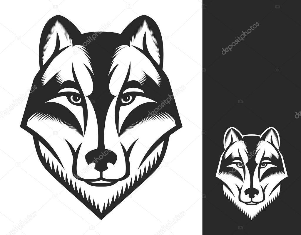 Wolf head logo or icon in one color. Animal head sign. Inversion version included. Stock vector emblem.