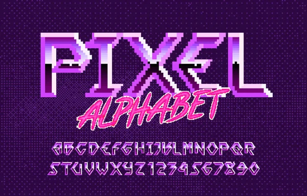 Pixel Alfabeto Fuente Rock Duro Efecto Metálico Letras Números Fondo — Vector de stock