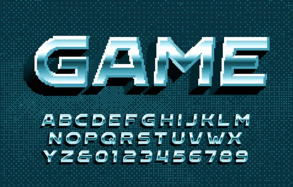 Spel Alfabet Lettertype Pixel Metallic Letters Cijfers Pixel Achtergrond 80S — Stockvector