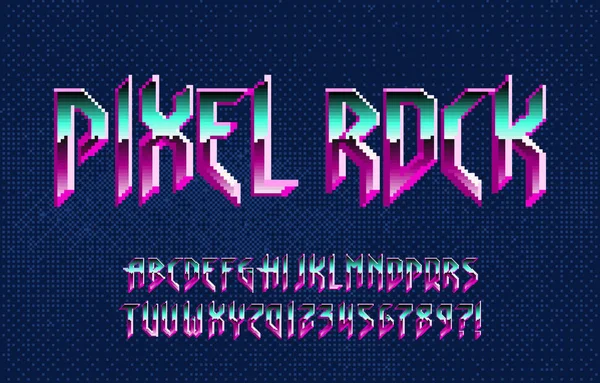 Pixel Rock alfabe yazı tipi. Krom etkisi retro harfler ve sayılar. Piksel arkaplan. 80 'lerin atari video oyunu tipi.