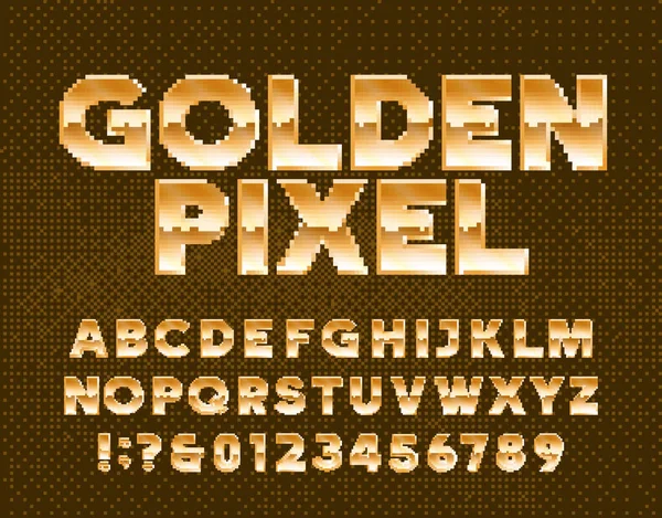 Golden Pixel Alfabeto Fuente Efecto Oro Letras Números Fondo Píxeles — Vector de stock