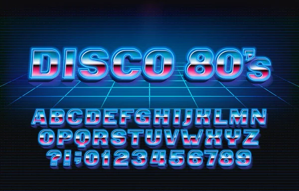 Disco 80S Alfabet Lettertype Gloeiende Letters Cijfers 80S Stijl Voorraad — Stockvector