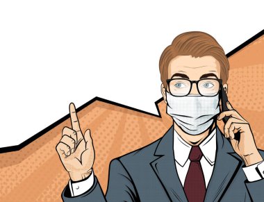 Tıp maskeli pop sanatçısı. Takım elbiseli adam telefonda konuşuyor ve parmağıyla işaret ediyor. Sağlık vektörü illüstrasyonu.