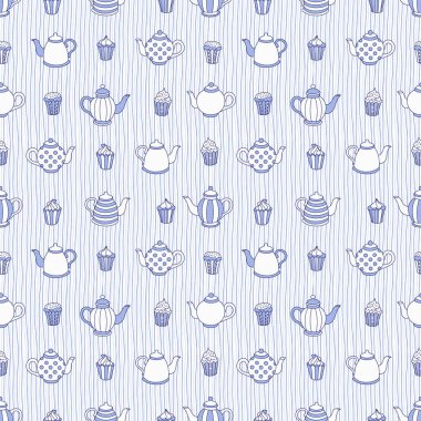 Çaydanlıklar ve çörekler elle çizilmiş desen. Tek renkli renkler. Vektörsüz arkaplan. 
