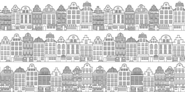 Векторный бесшовный узор с игрушечными домиками в европейском стиле. Черный дом на белом. Бесконечный фон.