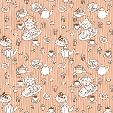 Şekerler, çaydanlıklar ve fırın el çizimi desenler. Tek renkli renkler. Vektörsüz arkaplan. 