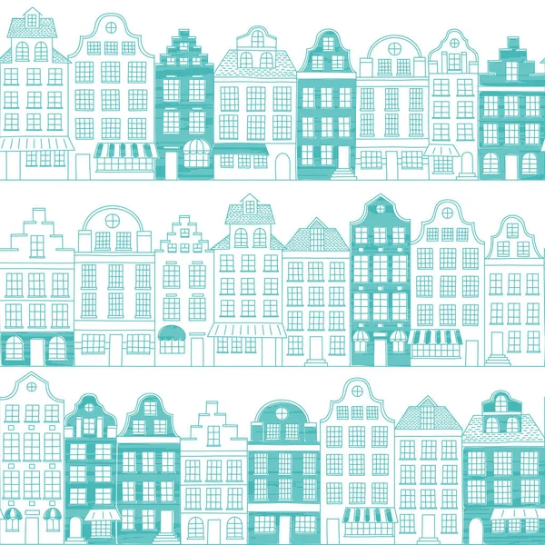 Seamless Pattern Townhouses European Style Hand Drawn Vector Houses One — Stock Vector
