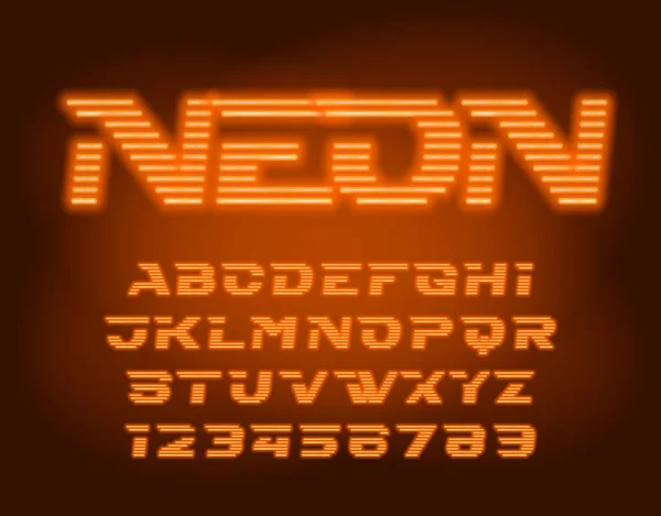 Fonte Alphabet Néon Lettres Chiffres Futuristes Néon Orange Fond Flou — Image vectorielle