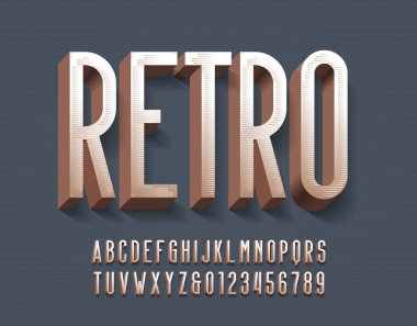 Retro alfabe yazı tipi. 3 boyutlu eski harfler ve gölgeli numaralar. Tipografi dizaynınız için vektör tipi.