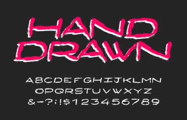 El çizimi alfabe yazı tipi. Sıkıntılı harfler, sayılar ve semboller. Tasarımınız için stok vektör tipi.